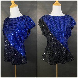 80s Sequined Cap Sleeved Blue and Black Blouse by